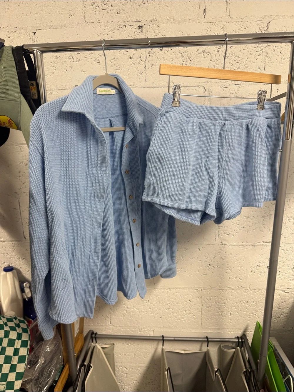 Light Blue Waffle Knit Women's Shorts & Button Down Lounge Set - Size M/L L